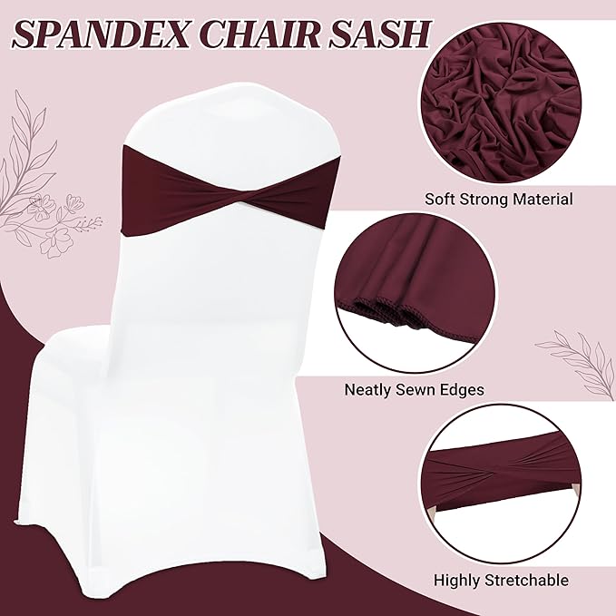 MDS Pack of 150 Spandex Chair Sashes Bows Elastic Stretch Dining Chair Bands Ties Without Slider Buckle Universal fits for Wedding Baby Shower Birthday Party Banquet Event Decoration - Burgundy