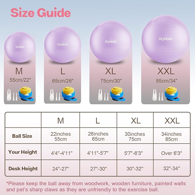 kisnbld Exercise Ball, Extra Thick Yoga Ball for Workout Pregnancy Stability, 4 Sizes Anti-Burst Balance Ball with Foot Pump - Heavy Duty Fitness Ball Chair for Office, Home & Gym