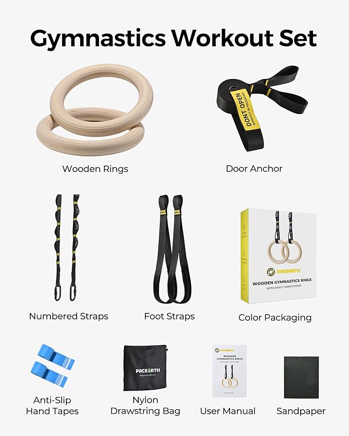 PACEARTH Gymnastics Rings 32mm Wooden Olympic Rings Support 1500lbs Locked Carabiners 9ft Double-Layer Numbered Straps Non-Slip Gym Rings with Foot Straps Door Anchor for Home Gym Full Body Workout