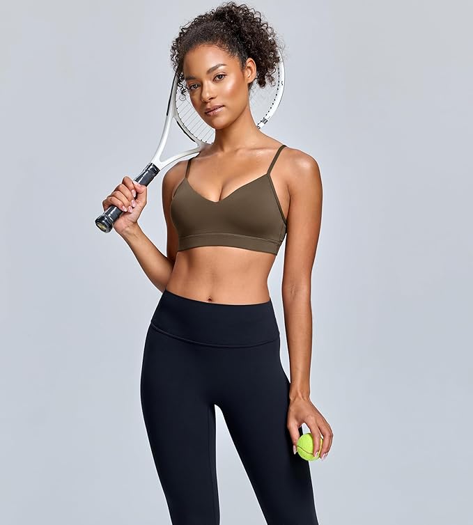 Oalka V Neck Sports Bra for Women Adjustable Padded Thin Straps Wireless Yoga Bras