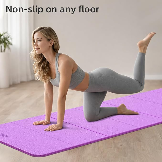 Folding Yoga Mat Extra Thick 0.4 Inch, Foldable Yoga Mat 75 x 26 Inches, TPE Exercise Mat, 7-Panel Non Slip Cushioned Fitness Mat for Yoga, Pilates, Stretching, Home Workout