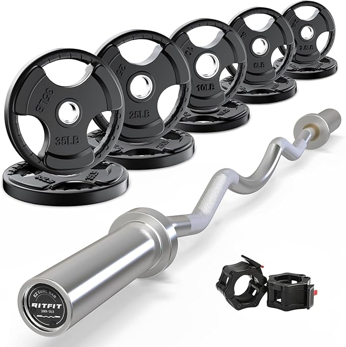 RitFit 2 Inch EZ Curl Bar with Weights, 350LBS Weight Capacity Olympic Curl Barbell for Bicep, Tricep and Weight Lifting Exercises