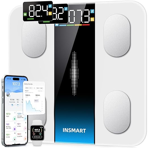 Smart Scale for Body Weight, INSMART Bluetooth Digital Bathroom Scale with BMI, Body Fat, Muscle Mass, High Accurate Large Display 16 Body Composition Weighing Machine Sync with App, 400 lbs (White)