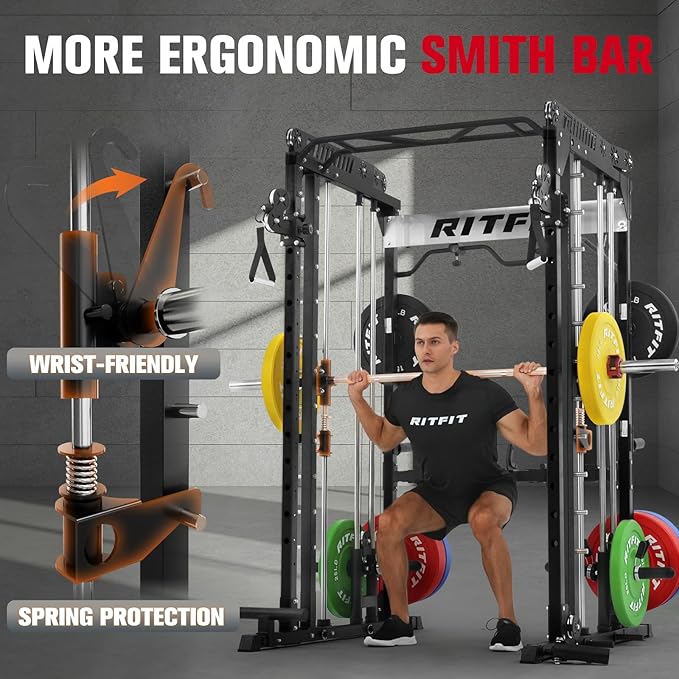 RitFit M1 Pro Smith Machine with Cable Crossover System, Multi-Function Squat Rack Power Cage for Home Gym, Power Rack and Packages