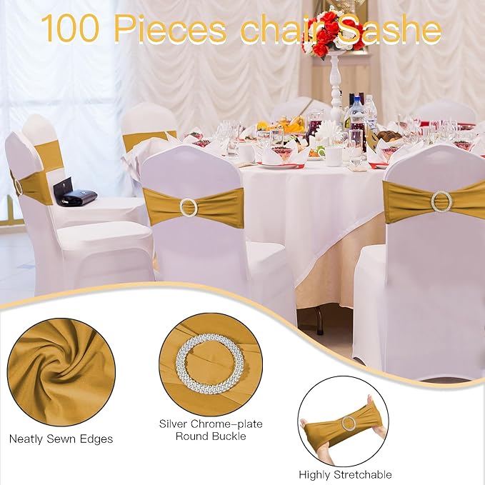 WJWHQ 100PCS Spandex Stretch Chair Sashes Bows Elastic Chair Cover Bands Ties with Buckle Slider for Wedding Party Reception Events Universal Ceremony Banquet Decorations (Gold)