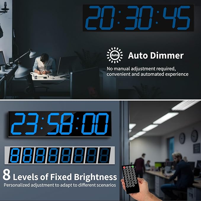 CHKOSDA 28.4''Large Digital Wall Clock,Automic Digital Clock with Alarm,Clendar and Termperature,Auto Time Sync with Easy Operation, Big Gym Timer with Countdown,Countup and Interval Workout(Blue)
