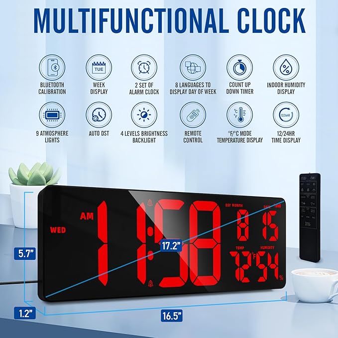TXL 16.5" Bluetooth Red Large LED Digital Wall Clock, Count Up/Down Timer Clock with Ambient Lighting, Adjustable Brightness Wall Clock for Home, Office, Gym, Elderly, Auto DST