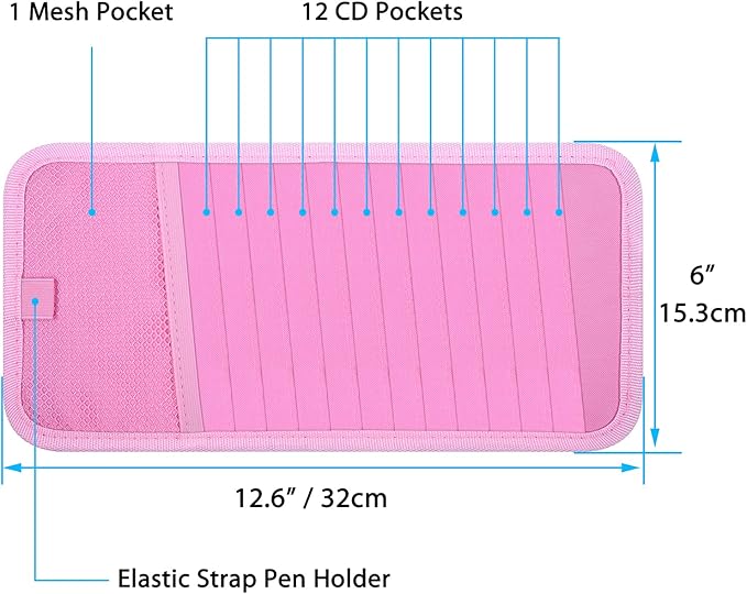 Car CD Case Holder, Wisdompro Vehicle Sun Visor Organizer for Cars with 12 DVD Storage Sleeves, 1 Mesh Pocket, 1 Pen Holder and Elastic Strap, Pink