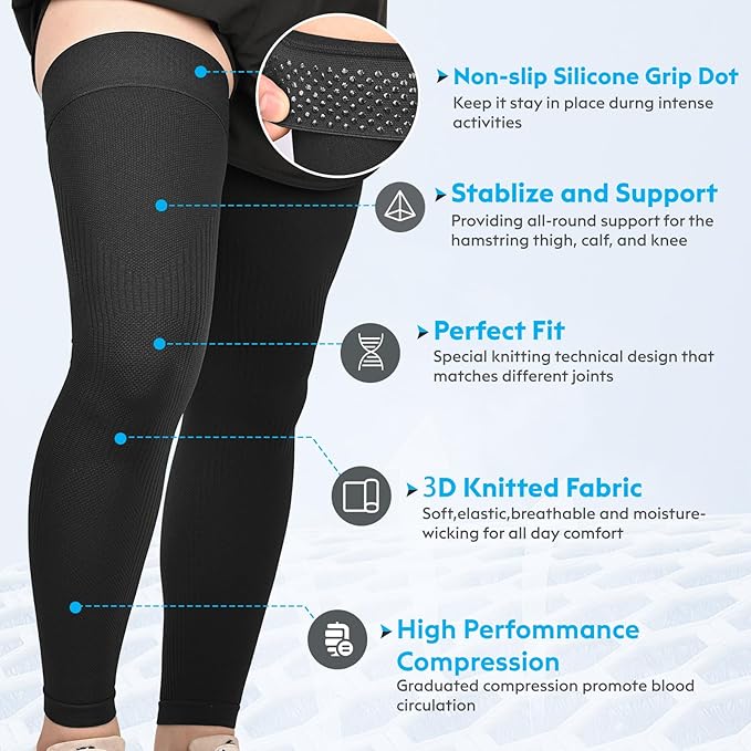 KEKING Full Leg Compression Sleeves, Unisex, Thigh High Compression Stocking 20-30mmHg Graduated Support for Thigh Calf Knee, Running, Basketball, Reduce Varicose Veins and Swelling, All Black S