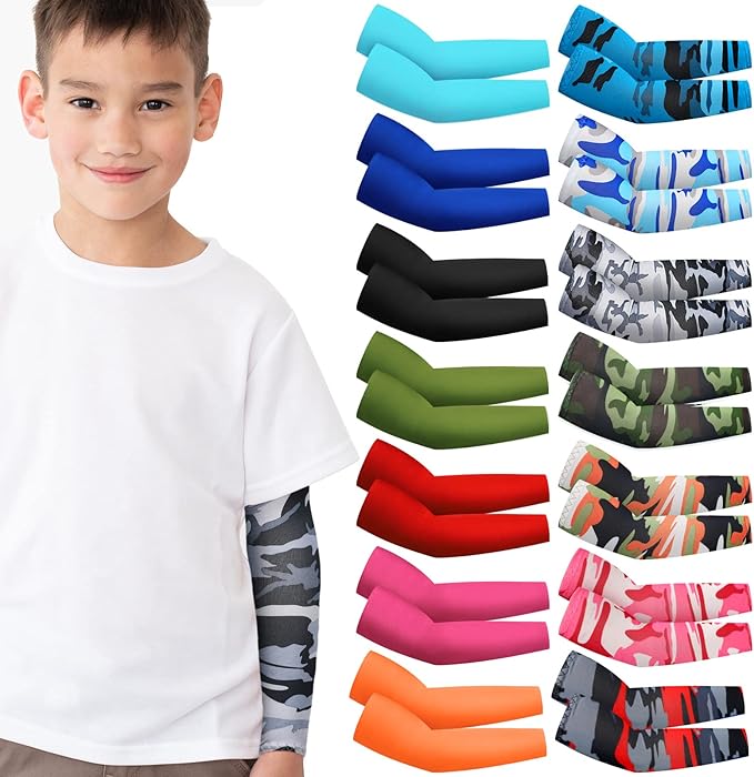 Mepase 14 Pairs Arm Sleeves for Kids UV Sun Protection Cooling Arm Compression Cover Boys Baseball Football Basketball Sport