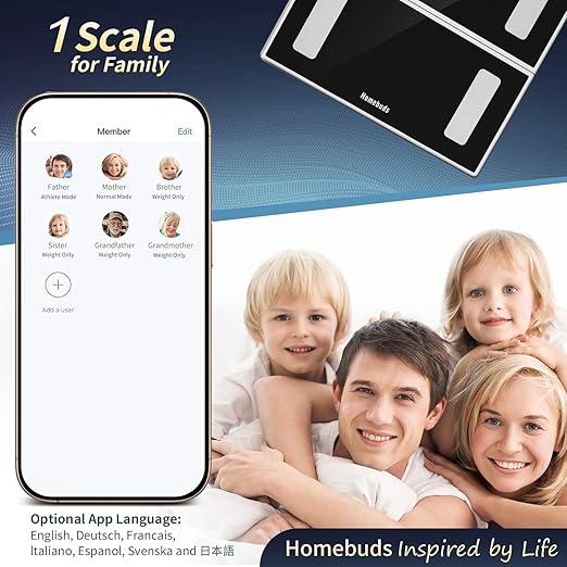 Homebuds Smart Bathroom Scale for Body Weight, High Precision in 0.1lb Assured by Weight Scale Professional Factory SINCE 2001, App Sync 13 Body Composition Including BMI and Body Fat, 400lb LED Black