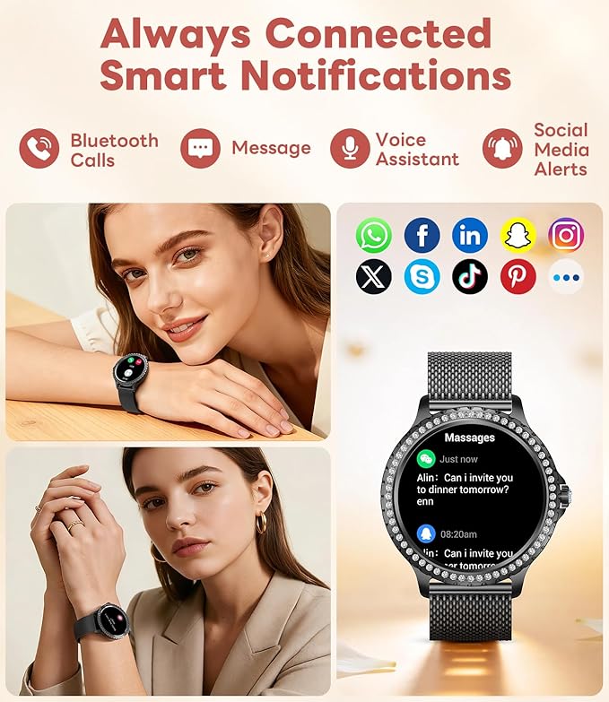 Smart Watch for Women Diamond, Bluetooth Calls, 1.32-inch HD Screen Round Fitness Tracker with Menstrual Cycle/Sleep/Heart Rate Monitor, 100+ Sports Mode, Android/iOS Phone, Black