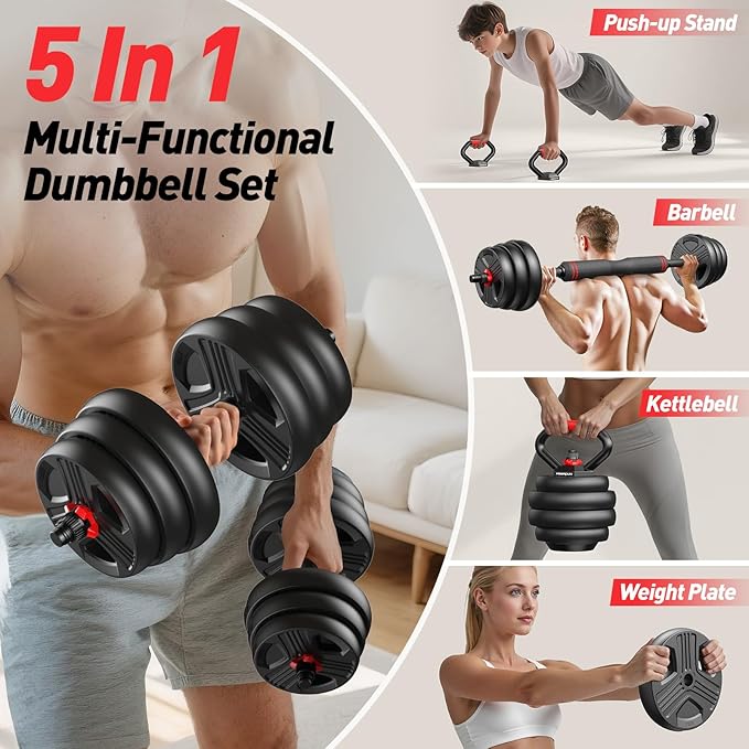 Adjustable dumbbell set,20/35/45/55/70/90lbs Free Weights set with upgraded nut, 5 in 1 Weight Set Used as Kettlebells, Barbell, Push up Stand, Fitness Exercise for Home Gym Suitable Men/Women