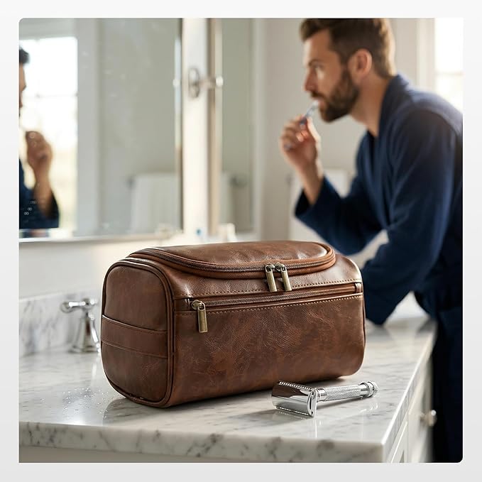 Travel Toiletry Bag for Men, Hanging Hygiene Bag EDC Pouches Small Dopp Kit Water-resistant Mens Shaving Kit Bags PU Leather Toiletry Organizer for Travel Weekend Fitness Hospital Brown