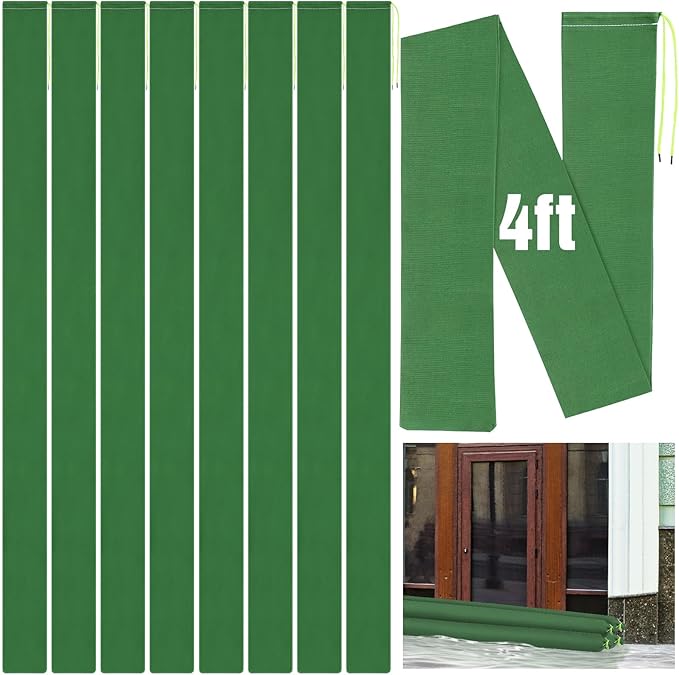 Threan 8 Pcs Long Canvas Sandbags for Flooding Sand Tube Bags Flood Protection Thickened Reusable Rain Wind Flood Barrier with Elastic Band Water Barrier Tube for Door Rain Control, Green (4ft)