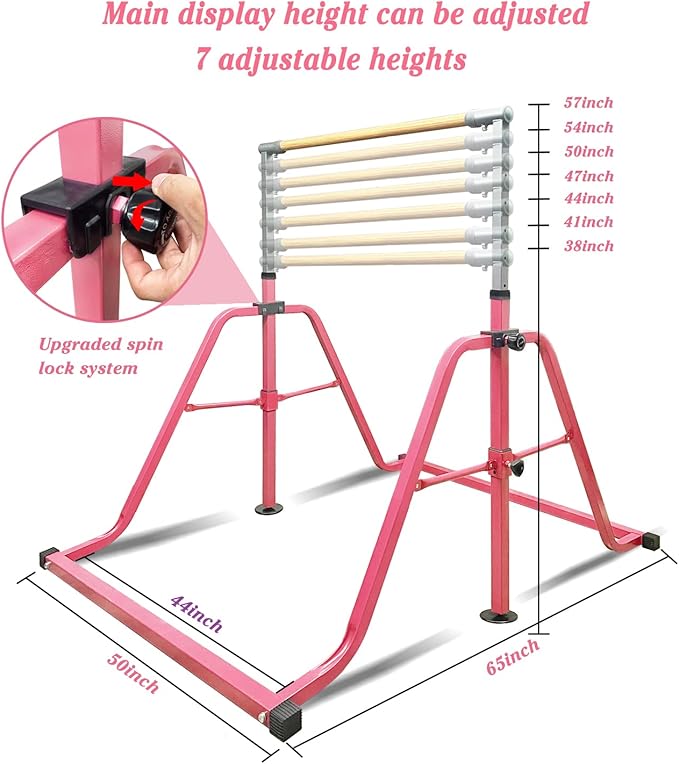 GLANT Gymnastics Bar for Kids with Rings Set, 7 Heights Adjustable Easy Folding Gymnastic Training Bar Kids Monkey Horizontal Bars - Max Load 300LBS