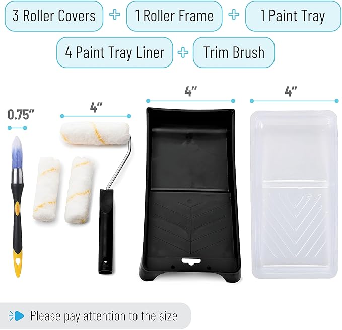 Bates Choice Paint Roller Kit, 4-Inch, 10 pcs, Black, Microfiber, Includes Precision Trim Brush, Standard Tray, 8 Count