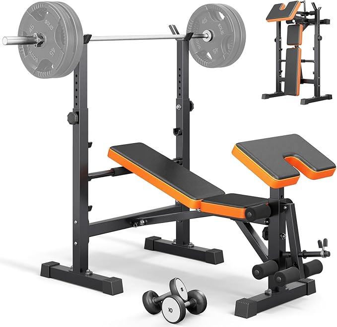 Multi-Function 6 in 1 Weight Bench Set - Leg Press, Preacher Curl Rack, Adjustable Workout Bench & Squat Rack for Full Body Exercise, Fitness Strength Training for Home Gym