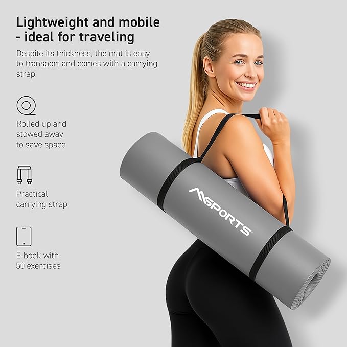 MSPORTS Yoga Mat Premium Non Slip Thick – Extra Comfortable Exercise Mat for Home Workouts, Pilates, Stretching & Gym – Cushioned NBR Foam, Gym Mat with Strap, for Women & Men