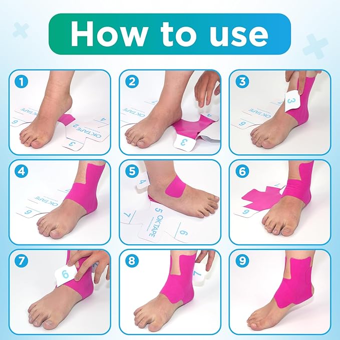 OK TAPE Precut Kinesiology Ankle Tape, 10 Pcs, Pain Relief, Prevent Ankle Sprain, Provide Support for Ankle Ligament, Elastic Athletic Tape, Breathable Kinetic Tape for Daily use - BPink