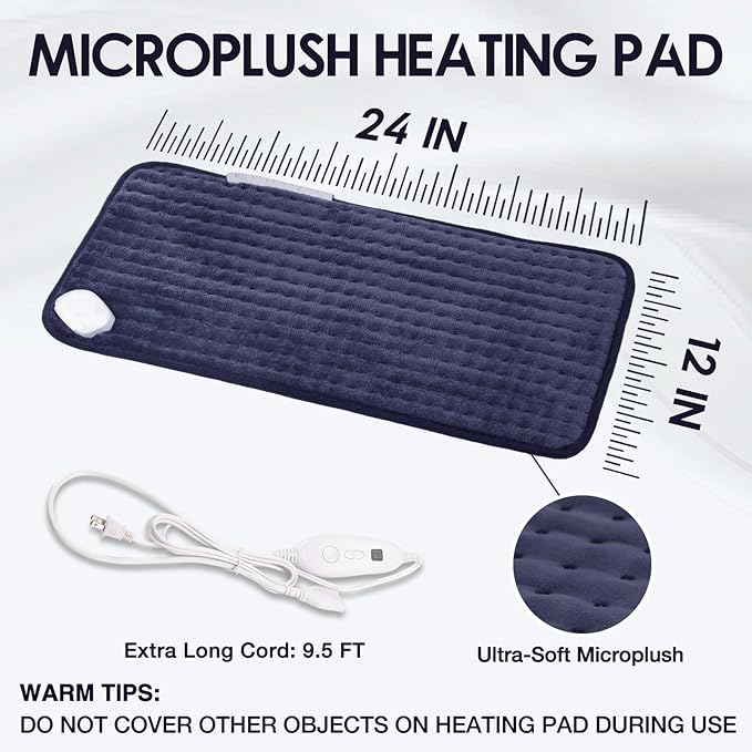 DAILYLIFE Heating Pad for Back Pain Relief, 12" x 24" Electric Heating Pads for Cramps, Back with 6 Heat Settings, Fast-Heating Technology, Auto Shut Off, UL Certification, Dark Blue