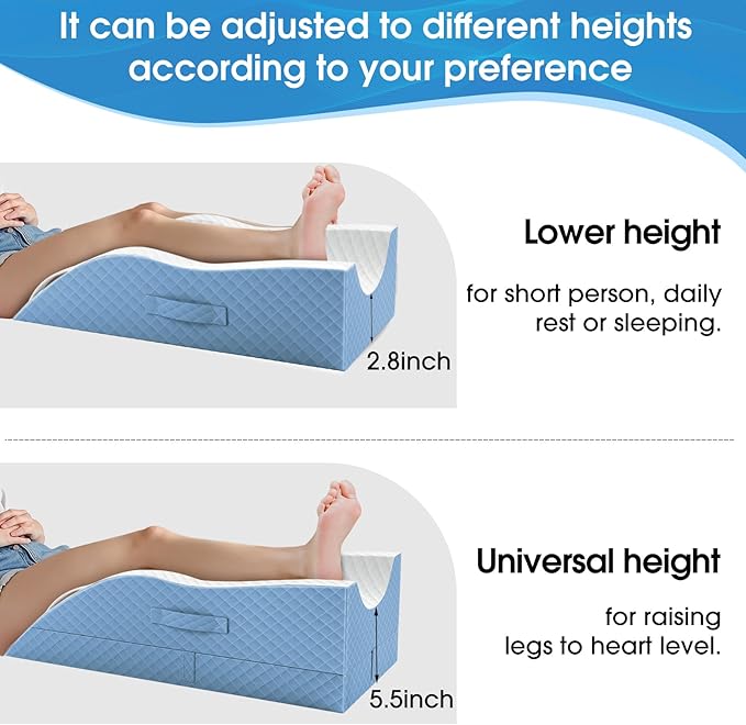 TranquilRelax Elevation Pillows for Leg After Surgery, Memory Foam Adjustable Wedge Pillow for Injury or Rest, Ankle Pillow for Sleeping Blood Circulation Light Blue/Single Leg
