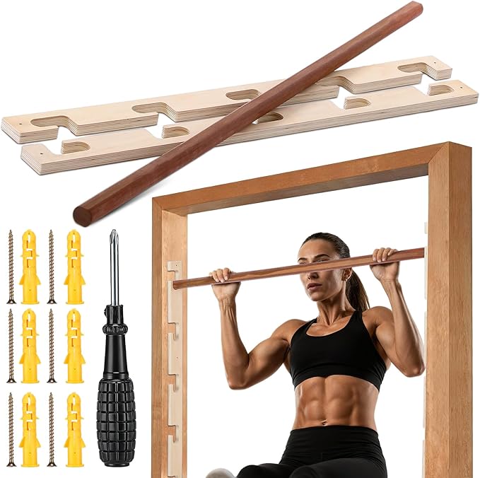 Leinuosen Doorway Pull-up Bar Sets Adjustable 5 Levels Wooden Doorway Pull-up Bar and 2 Door Frame with 6 Sets of Screw-in Heavy-duty Door-mounts to Fits 118cm(100kg Load Capacity)