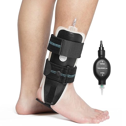 Velpeau Air Gel Foam Ankle Stabilizer Support Brace for Sprained Ankle, Ligament Injury, Tendonitis, Adjustable Rigid Stirrup Ankle Splint for Women and Men (Inflatable Version, Large, Right Foot)