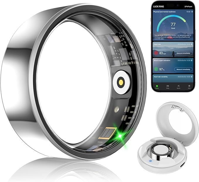 Smart Fitness and Activity Ring for Men and Women - Track Heart Rate Stress Sleep Steps and Blood Oxygen, 10ATM Waterproof Fitness Tracker for iPhone and Android, No Subscription Fee, Size 9