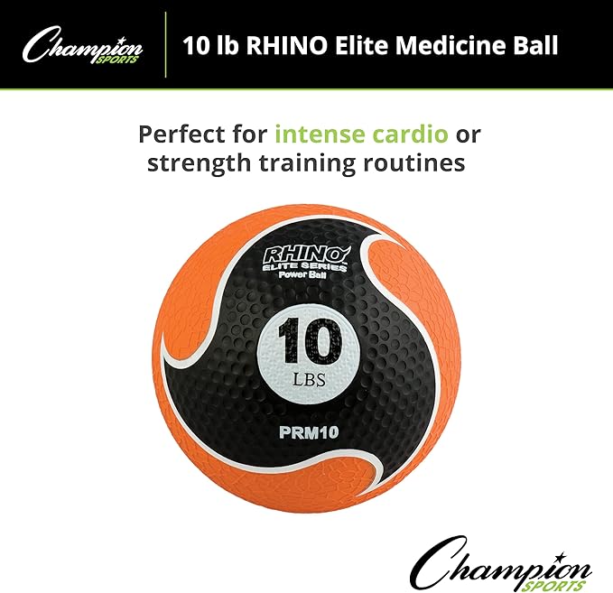 Champion Sports Rhino Elite Medicine Ball – Textured Surface, Superior Grip, Hollow Synthetic Rubber for Consistent Bounce & Durability, Multiple Weights & Colors - Optional Rebounder Sold Separately