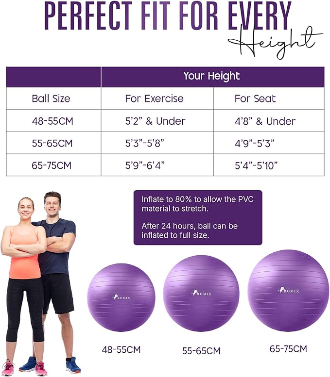 ROMIX Exercise Ball, Anti-Burst Extra Thick Birthing Pregnancy Ball with Pump, Fitness Swiss Yoga Balls 22in/26in/30in (55cm 65cm 75cm) Exercise Balls Physical Therapy for Pilates Home Gym