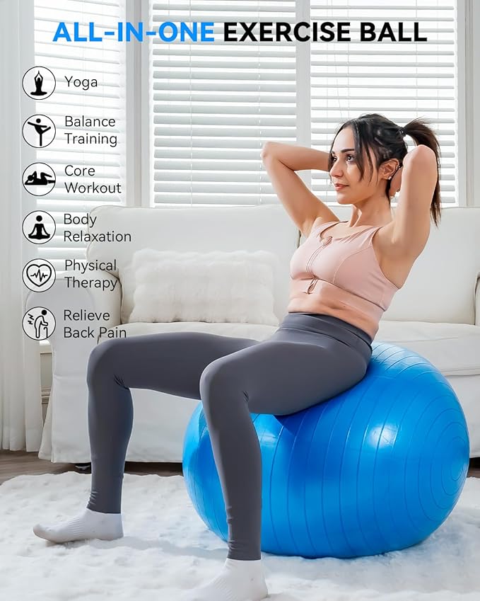 Exercise Ball - Anti-Burst Yoga Ball for Pilates, Pregnancy & Core Stability - Ergonomic Office Desk Ball Chair & Physical Therapy Equipment, Quick Pump Included