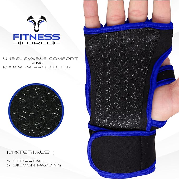FITNESS FORCE Ventilated Weightlifting Gloves Workout Gloves for Men & Women with Built-in Wrist Wraps Fingerless Gym Gloves for Men Perfect for Exercise Fitness, Weight Lifting, Cross Training