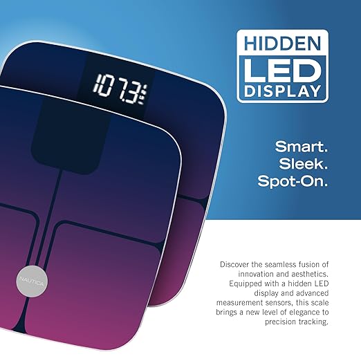 Nautica Body Tracker Digital Bathroom Scale, Bluetooth-Enabled Smart Scale with BMI, Body Fat, Muscle Mass Tracking & More, Syncs with Smartphone App for Body Composition Tracking, 440 Lbs.