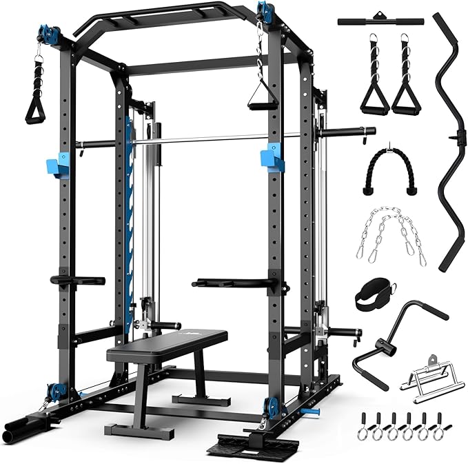 ULTRA FUEGO Power Cage with Cable Crossover/Smith Machine System LAT-Pull Down System Power Rack Squat Rack Training Attachments for Home Gym