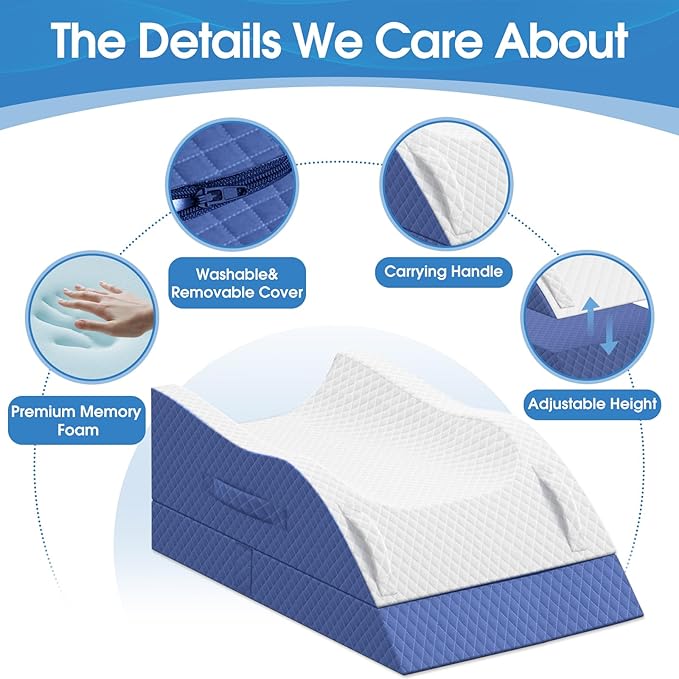 TranquilRelax Elevation Pillows for Leg After Surgery, Memory Foam Adjustable Wedge Pillow for Injury or Rest, Ankle Pillow for Sleeping Blood Circulation Blue/Double Leg