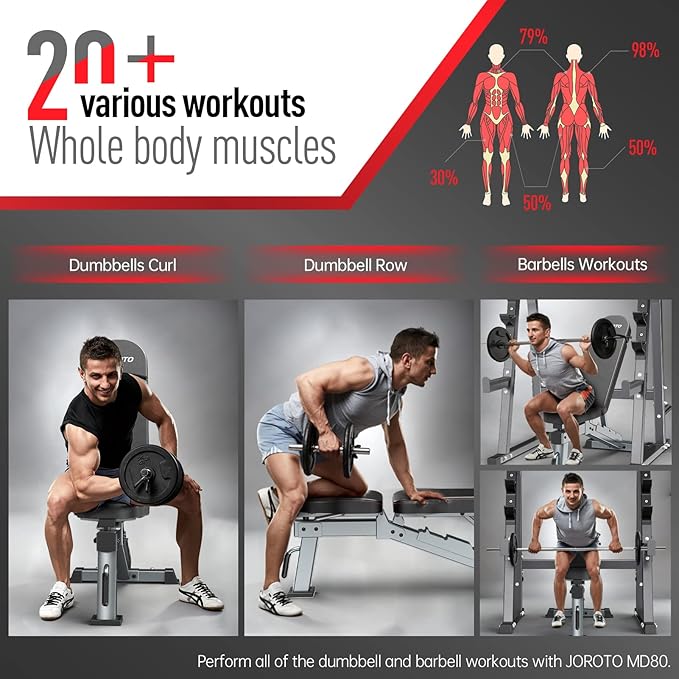 JOROTO Adjustable Weight Bench, 1300LBS Workout Bench for Home Gym Strength Training, Incline Decline Flat Bench Press with Wheels and Extended Backrest, Foldable Exercise Bench for Full Body Workout
