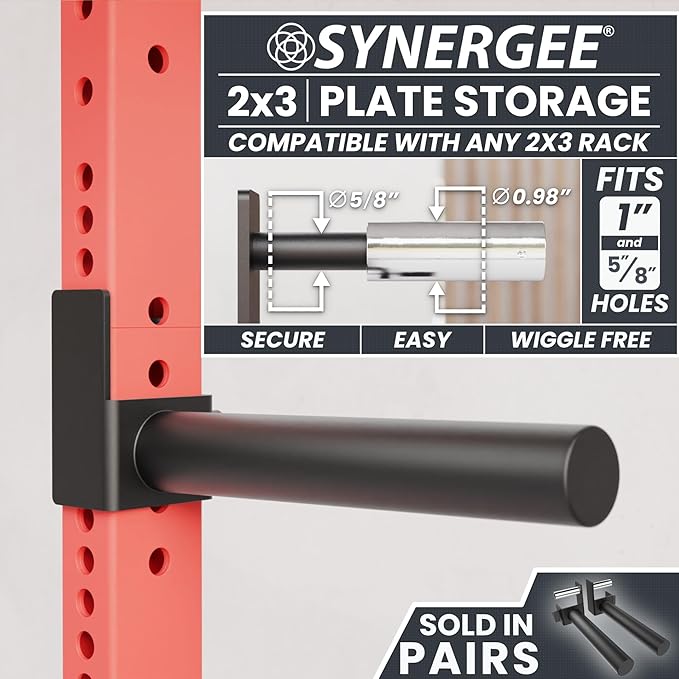 Synergee Weight Plate Storage Peg for Power & Squat Racks. Fits 2x2, 2x3 & 3x3 Racks. Rack-Mounted Plate Holder for Olympic Weight Plates.