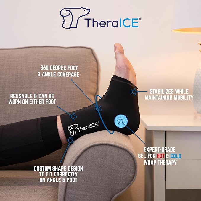 TheraICE Ankle Ice Pack Wrap for Swelling & Sprained Ankle Brace for Women & Men, Cold Therapy Support Compression Socks, Plantar Fasciitis & Achilles Tendonitis Relief, Sore Feet & Heel (Pack of 2)