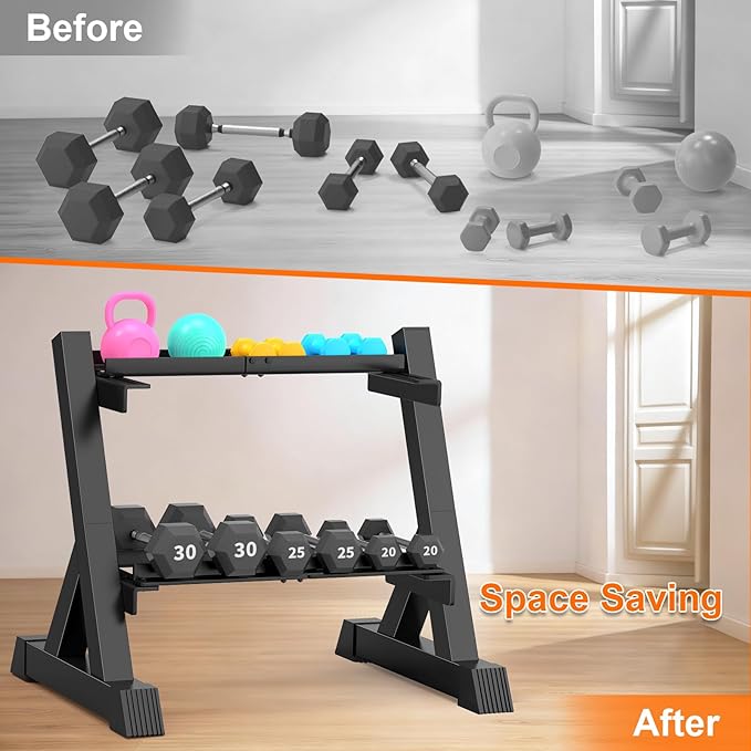TomCare Dumbbell Rack Stand Only, 2-Tier 33 IN Length Adjustable Weight Rack for Home Gym Heavy-Duty Metal Weight Stand Holder for Dumbbells, Kettlebells, 360 lb Capacity (Dumbells not included)