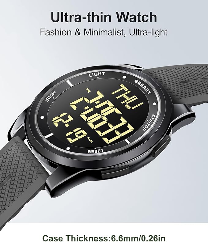 Beeasy Digital Watch for Men Women, 50M Waterproof, Ultra-Thin & Lightweight, 44mm Silicone Sports Watch with Alarm, Stopwatch, Countdown, Ideal for Gym, Running, School, Daily Wear