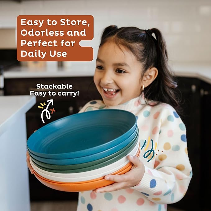 Nook Theory 8-Pack Reusable Wheat Straw Plates Set - Non Toxic and Non Plastic Dinner Plates for Kids and Adults, Lightweight Unbreakable Plate, Microwave Safe and Dishwasher Safe (Skylight 9")