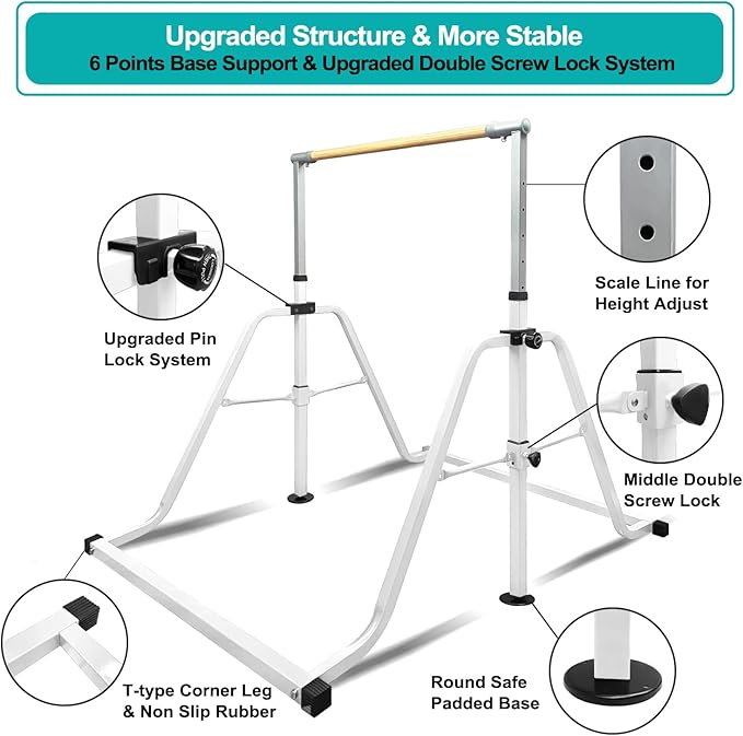 Foldable & Moveable Gymnastics Horizontal Bar with Rings,3’to 5’Adjustable Height Expandable Junior Kip Bar for Home,Indoor Gym Equipment for Kids