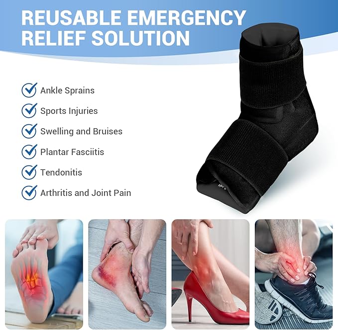 Comfytemp Ankle Foot Ice Pack Wrap for Plantar Fasciitis Relief, Ankles Brace for Sprain, Heel Spur, Swelling, Achilles Tendonitis, Cold Bag for Injuries Reusable, Hot Cold Compress, 1 Pack (Black)