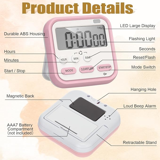 Leumoi 6 Pcs Digital Kitchen Timer 24 Hour Clock and Alarm Function Timer On/Off Switch Minute Second Count up Countdown Loud Alarm for Exercise Cook Baking(Black, Pink, Blue, Green)