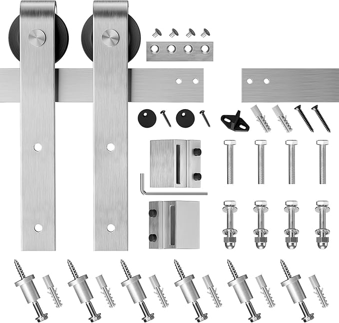 SMARTSTANDARD 8 Feet Brushed Nickel Barn Hardware Kit-Heavy Duty Sliding Track-Smoothly and Quietly-Easy to Install-Fit 42"-48" Wide Door Panel (J Shape Hanger)