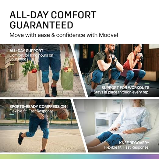 Modvel 2 Pack Knee Brace for Women & Men - Knee Support for Walking, Knee Compression Sleeves for Pain Relief, Knee Sleeves for Women, Knee Sleeves for Men, Knee Brace for Sports, Workouts & Arthritis