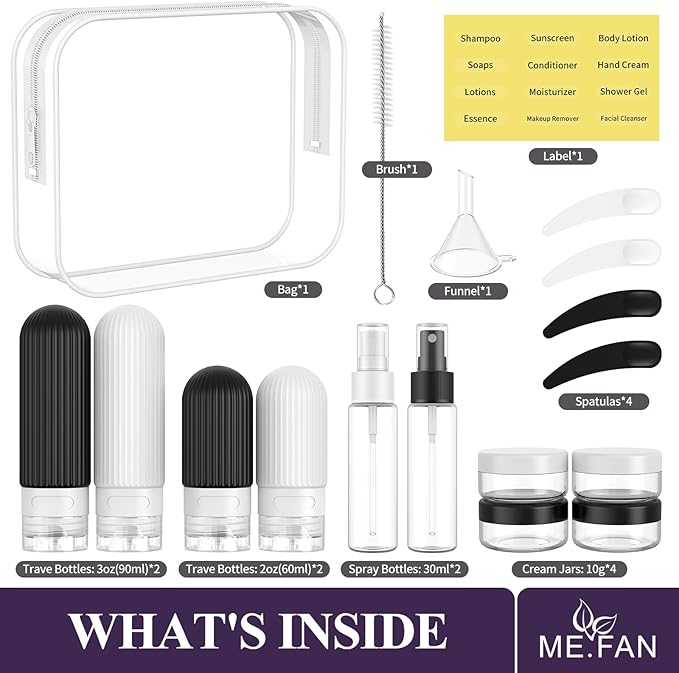 ME.FAN 18 Pack Travel Bottles for Toiletries, TSA Approved Silicone Portable Size Bottle, Refillable Cosmetic Container Kits for Conditioner, Shampoo, Lotion,Face Cream - Black/White