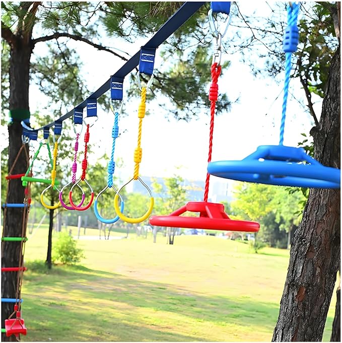 Multi-Color Ninja Rings & Monkey Bars - Adjustable Backyard Obstacle Course for Kids & Adults, Heavy-Duty Gymnastic Swing Rings, Ninjaline Slackline Training Kit (Blue)
