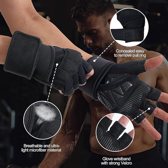 Workout Gloves for Men - Gym Weight Lifting Padded Gloves with Wrist Wrap Support, Full Palm Protection & Silicone Grip Gym Gloves, Exercise, Cross Training, Fitness, Pull-up